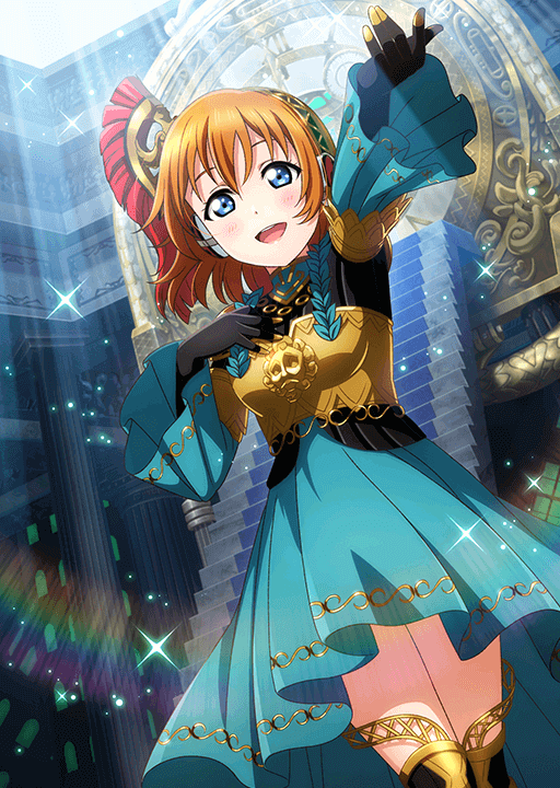 1girl, :d, armor, blue_eyes, breastplate, cosplay, dress, gloves, greaves, hand_on_own_chest, headset, kousaka_honoka, light_rays, love_live!, love_live!_school_idol_festival, love_live!_school_idol_project, official_alternate_costume, official_art, orange_hair, outstretched_arm, palladion, palladion_(cosplay), persona, persona_3, plume, smile, stairs, tartarus