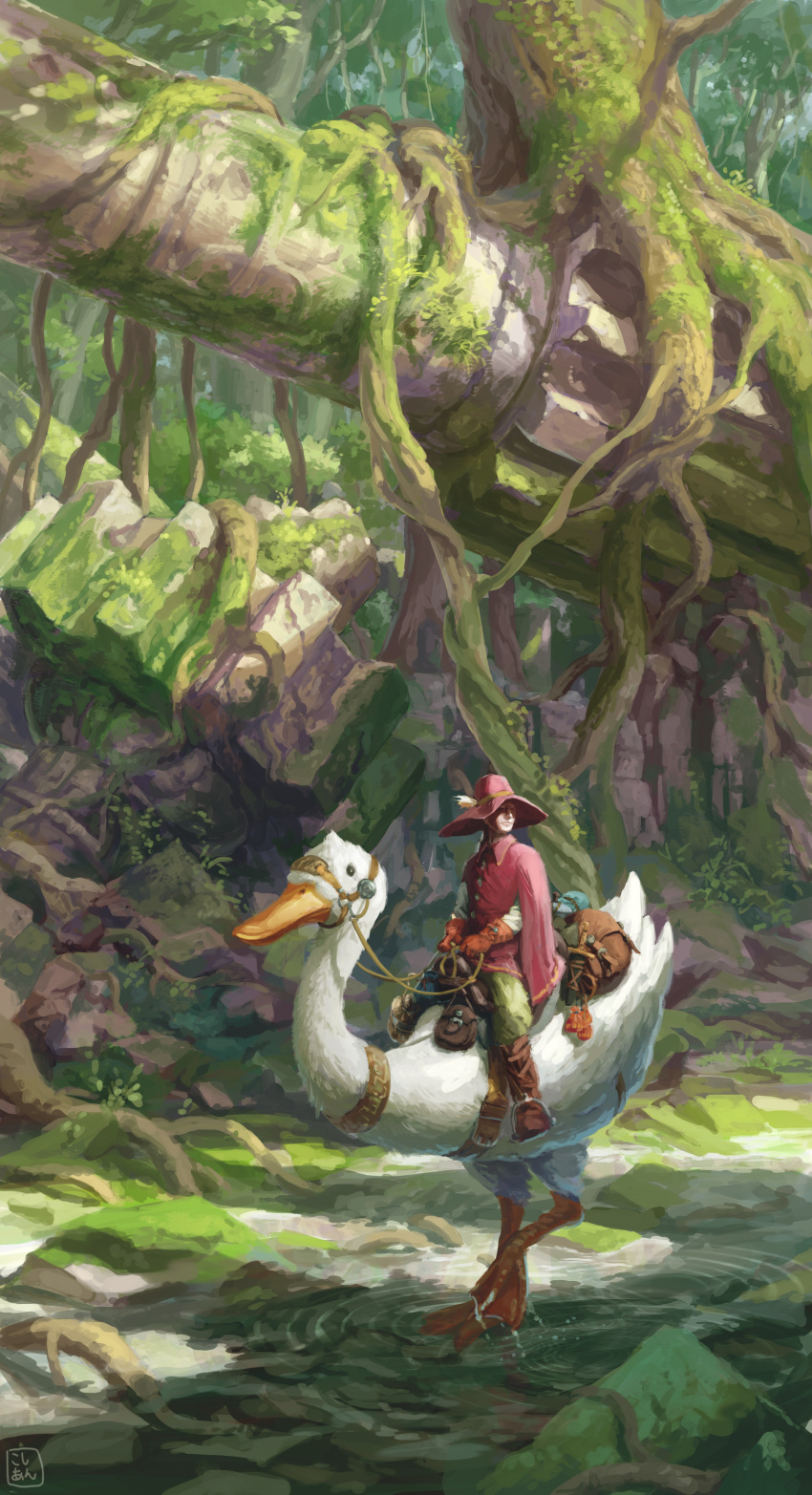1boy, absurdres, animal, bag, bird, commentary, dagger, duck