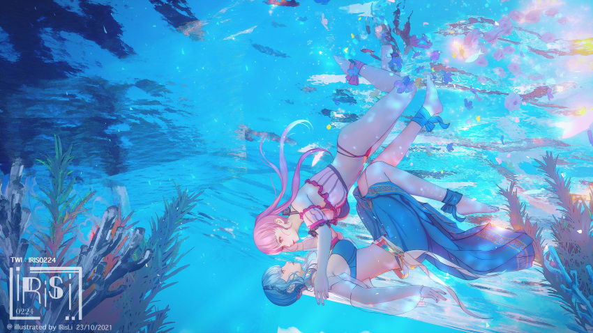 2girls, absurdres, alternate_costume, anklet, barefoot, bikini, blue_bikini, blue_swimsuit