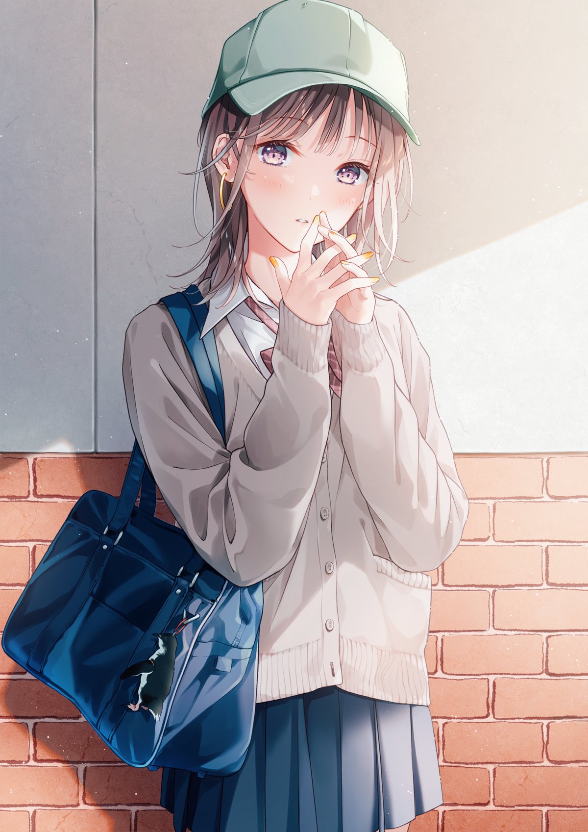 1girl, aoi_yuki, bag, bangs, baseball_cap, blue_skirt, blush, bow