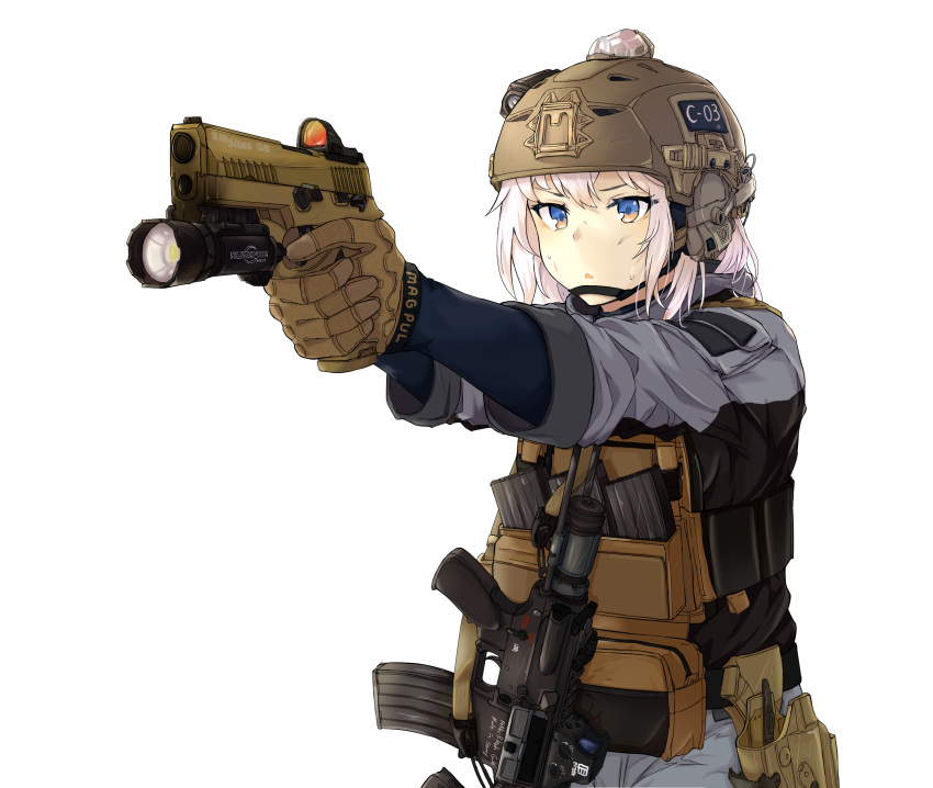 1girl, absurdres, assault_rifle, blue_eyes, blue_shirt, brown_gloves, chin_strap, clov3r, commentary, gloves, grey_jacket, gun, h&amp;k_hk416, handgun, helmet, highres, holster, jacket, korean_commentary, load_bearing_vest, magazine_(weapon), military, mixed-language_commentary, original, parted_lips, pink_hair, pistol, rifle, scope, shirt, short_hair, sig_sauer, simple_background, solo, sweat, tactical_clothes, weapon, weapon_request, white_background