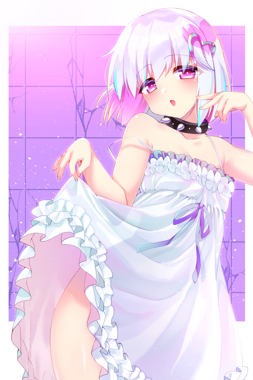 1girl, bangs, bare_arms, bare_shoulders, black_collar, bright_pupils, clothes_lift, collar