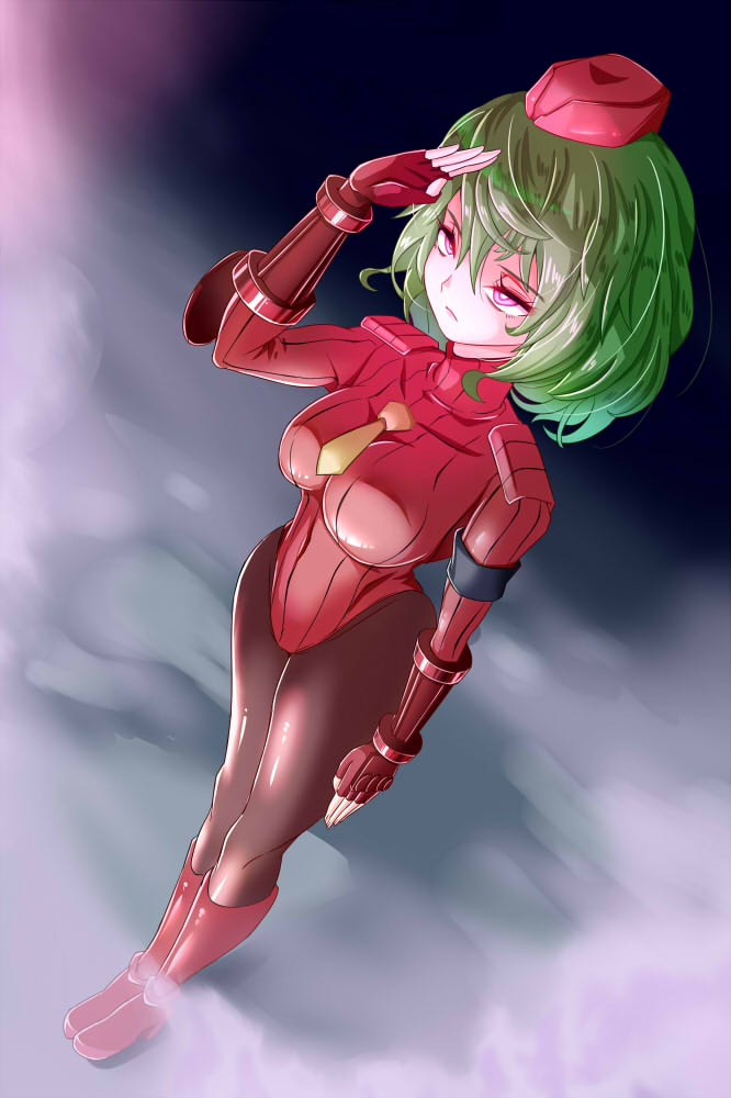 1girl, alternate_costume, boots, breasts, covered_navel, expressionless, fingerless_gloves, garrison_cap, gloves, glowing, glowing_eyes, green_hair, grey_background, hat, kazami_yuuka, large_breasts, leotard, long_sleeves, mimochiku, necktie, pantyhose, red_eyes, red_gloves, red_leotard, ribbed_leotard, shadaloo_dolls, short_hair, solo, touhou, v-shaped_eyebrows, yellow_neckwear