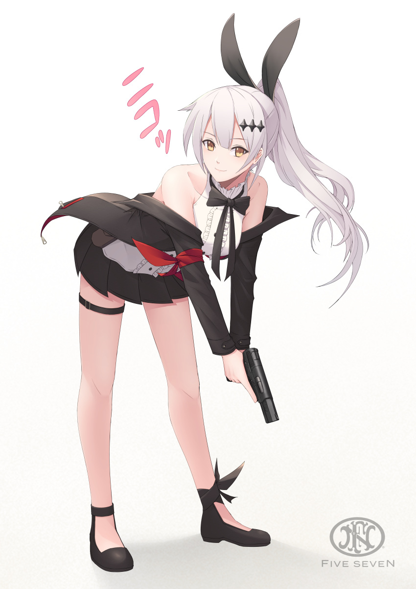 1girl, absurdres, animal_ears, bangs, bare_legs, bent_over, black_bow, black_bowtie