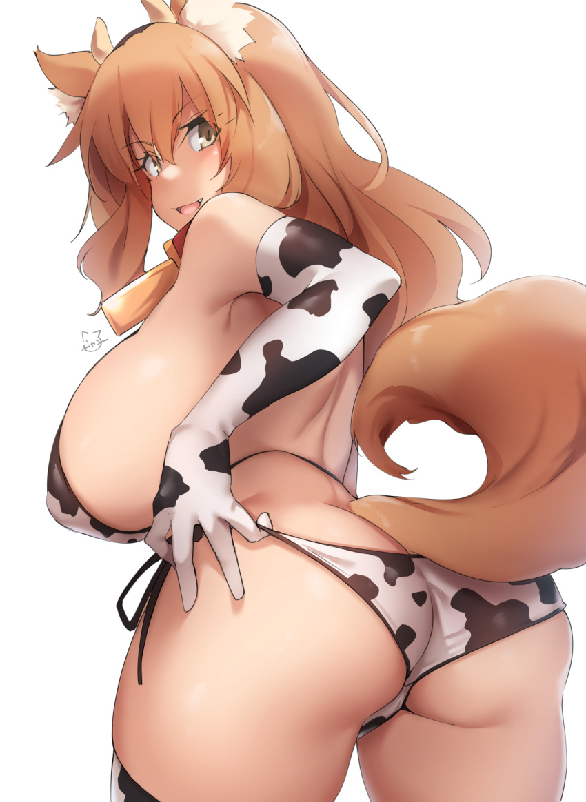 1girl, animal_ears, animal_print, ass, back, bangs, bell, bikini