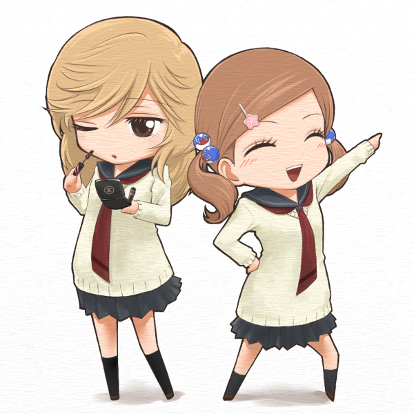 2girls, bad_id, chibi, closed_eyes, girl_friends_(manga), makeup, multiple_girls, naraken_(girlfriends), sekine_tamami, sugiyama_satoko, twintails