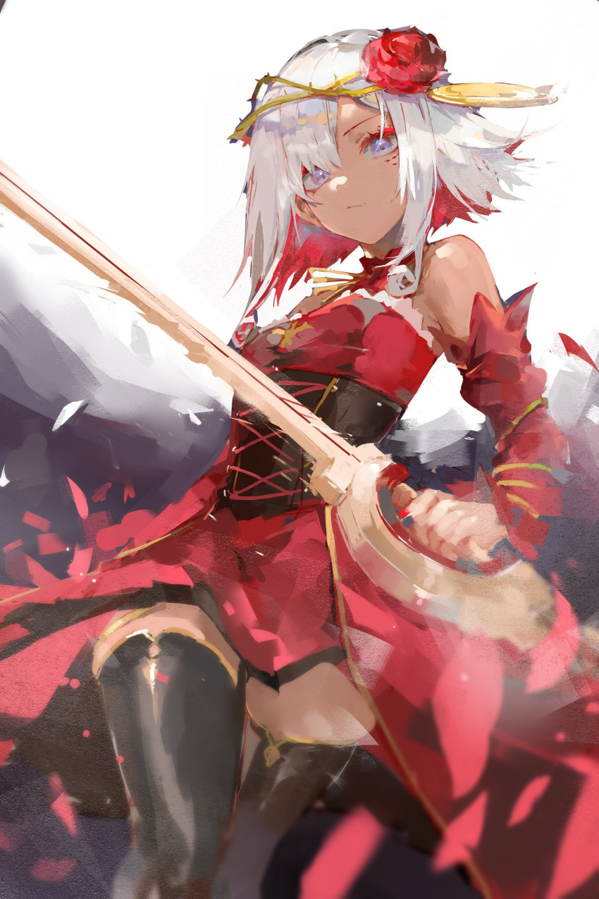 1girl, absurdres, destiny_(takt_op.), dokuro_deluxe, flower, highres, holding, holding_sword