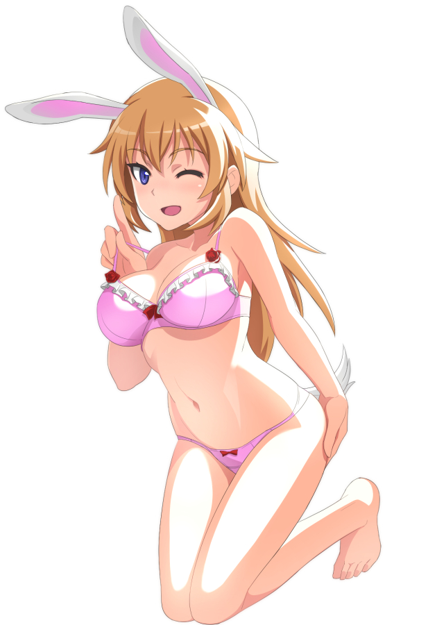 1girl, adjusting_bra, adjusting_clothes, animal_ears, bangs, barefoot, bikini, blue_eyes, bow, bow_bra, bow_panties, bra, breasts, brown_hair, charlotte_e._yeager, commentary, crotch_seam, curvy, eyebrows_visible_through_hair, frilled_bra, frills, kneeling, long_hair, looking_at_viewer, medium_breasts, midriff, nanashino, navel, one_eye_closed, open_mouth, panties, pink_bra, pink_panties, rabbit_ears, rabbit_tail, simple_background, smile, solo, strike_witches, tail, underwear, underwear_only, white_background, world_witches_series