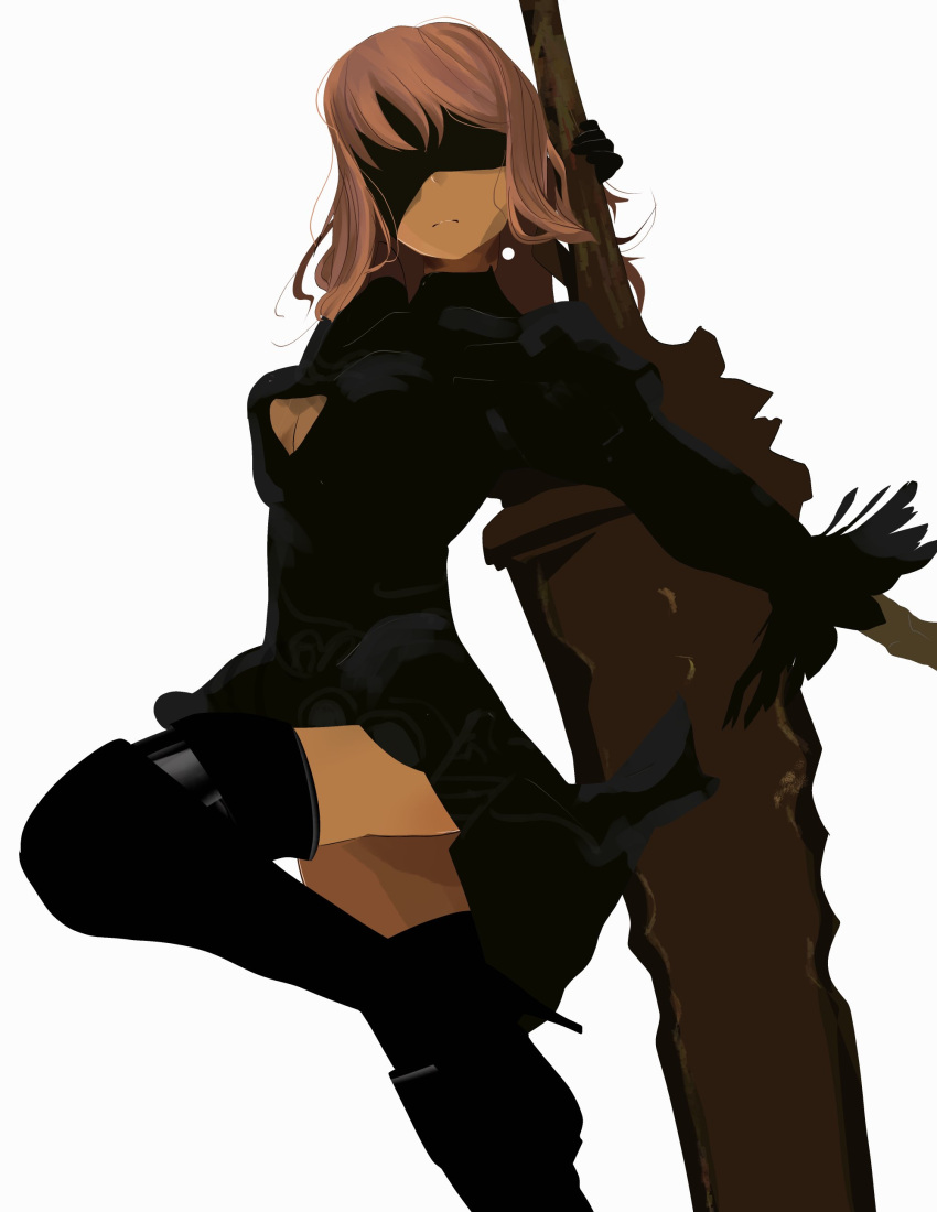 1girl, absurdres, airport96, alice_gear_aegis, black_dress, black_legwear, blindfold, closed_mouth, cosplay, dress, high_heels, highres, holding, holding_sword, holding_weapon, juliet_sleeves, long_sleeves, nier_(series), nier_automata, pink_hair, puffy_sleeves, simple_background, solo, sword, weapon, white_background, yorha_no._2_type_b, yorha_no._2_type_b_(cosplay), yotsuya_yumi