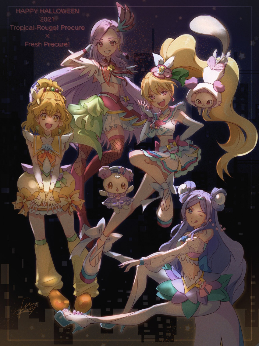 2021, 4girls, aono_miki, blonde_hair, chiffon_(fresh_precure!), commentary_request, copyright_name, cosplay