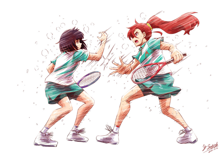 2021, 2girls, artist_name, bike_shorts, black_hair, brown_eyes, commentary_request, dated