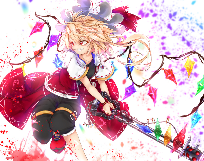 1girl, adapted_costume, adapted_weapon, bangs, belt, black_pants, blonde_hair, buckle, calpis118, capri_pants, clenched_teeth, collarbone, crystal, flandre_scarlet, foot_out_of_frame, grin, hair_between_eyes, hat, hat_ribbon, highres, holding, holding_sword, holding_weapon, jewelry, keyblade, kingdom_hearts, laevatein_(touhou), looking_to_the_side, mob_cap, necklace, pants, red_eyes, red_ribbon, ribbon, ribbon-trimmed_sleeves, ribbon_trim, serious, shoes, short_hair, short_sleeves, smile, sneakers, solo, swept_bangs, sword, teeth, touhou, weapon, white_headwear, wings