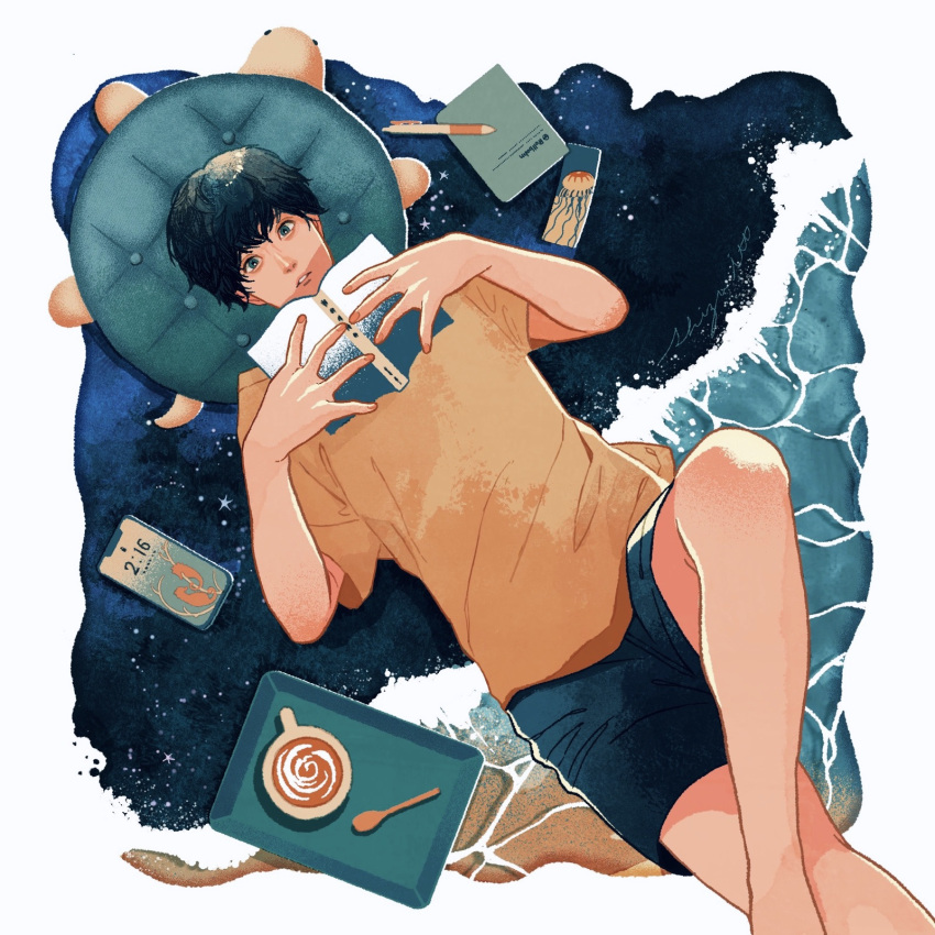1boy, animal_pillow, black_hair, book, cup, from_above, highres, itou_shizu, knee_up, lying, male_focus, mug, night, night_sky, notebook, on_back, open_book, original, pencil, phone, reading, shorts, sky, solo, space, spoon, tray, turtle, water, waves