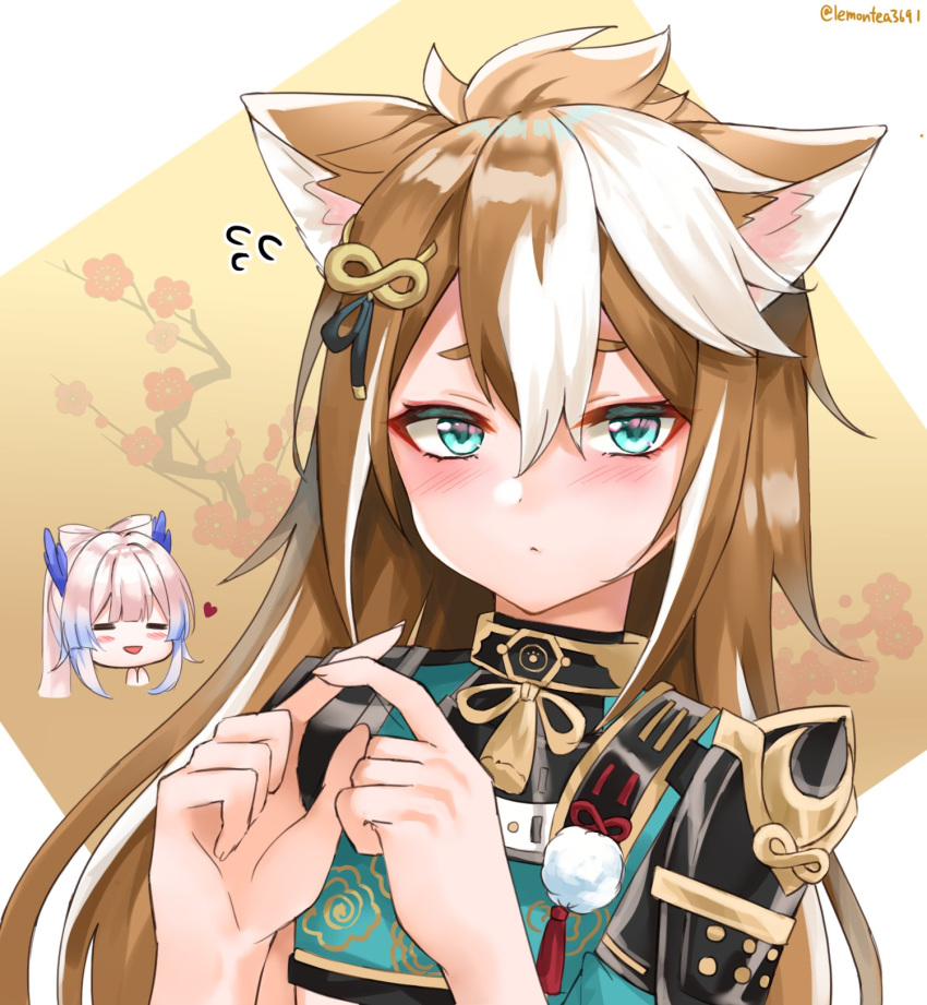 1girl, animal_ears, armor, blue_eyes, blush, brown_hair, commentary, dog_ears