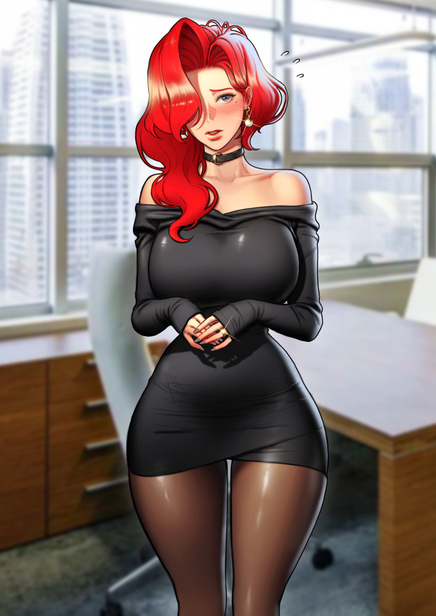 1girl, ^^^, absurdres, bangs, bare_shoulders, black_choker, black_dress, black_nails, blood, blurry, blurry_background, blush, bokeh, breasts, choker, collarbone, commentary_request, depth_of_field, dress, earrings, english_commentary, eyelashes, fingernails, flying_sweatdrops, grey_eyes, hair_over_one_eye, highres, indoors, jewelry, korean_commentary, large_breasts, long_fingernails, long_hair, long_sleeves, makeup, mascara, mole, mole_under_eye, nosebleed, original, parted_bangs, parted_lips, red_lips, redhead, ring, robocap, shiny, shiny_clothes, shiny_legwear, short_dress, skindentation, sleeveless, sleeveless_dress, sleeves_past_wrists, solo, wedding_ring