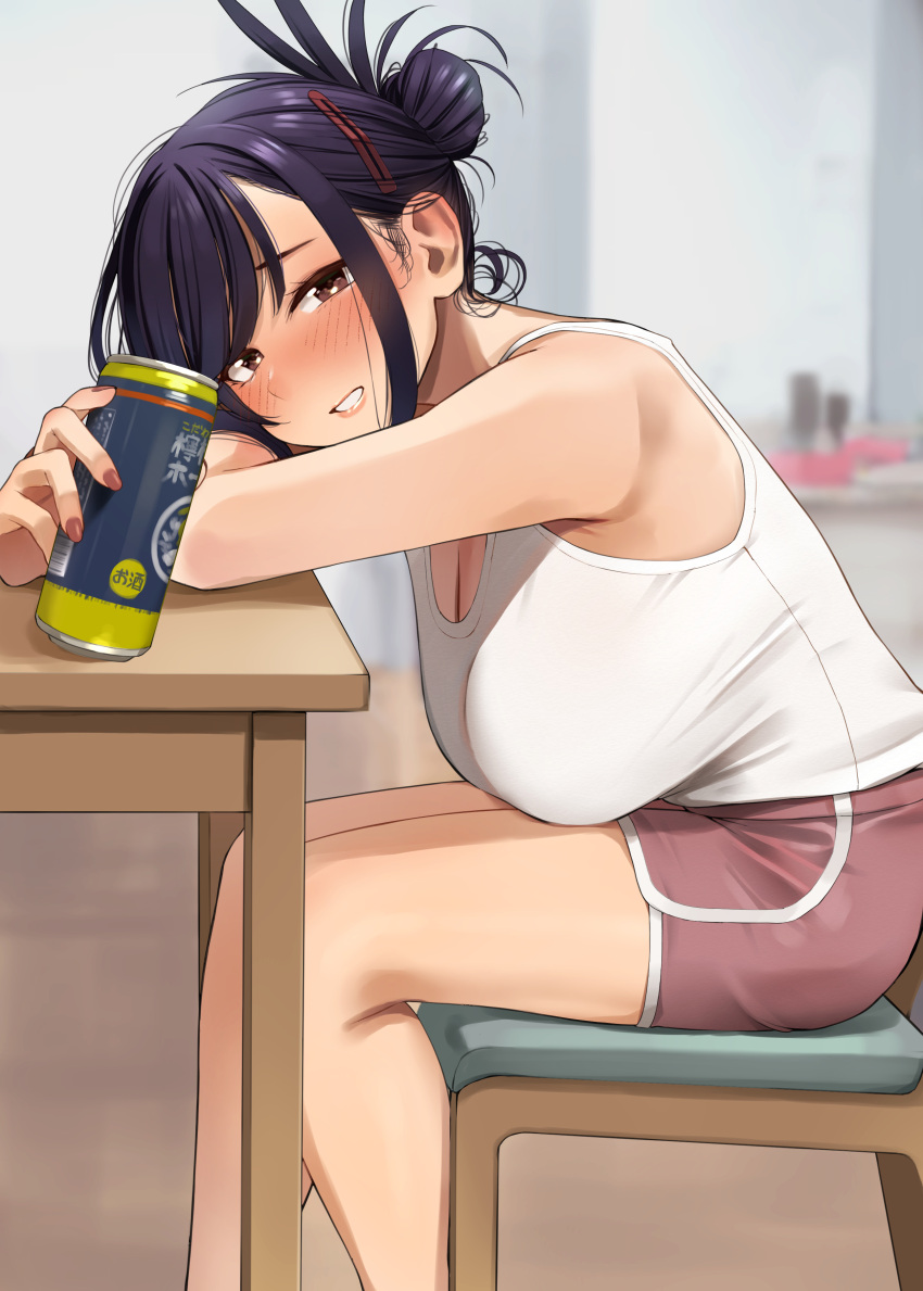 1girl, absurdres, beer_can, bent_over, black_hair, blush, breasts, brown_eyes, can, chair, commentary_request, drunk, elder_cousin_(igarashi_kyouhei), folded_hair, hair_bun, hair_ornament, hairclip, hanging_breasts, highres, igarashi_kyouhei, large_breasts, looking_at_viewer, original, solo, table, tank_top, tied_hair, white_tank_top