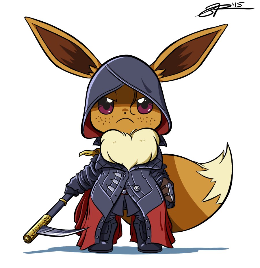 angry, assassin's_creed_(series), black_footwear, boots, brown_fur, cosplay, eevee, evie_frye