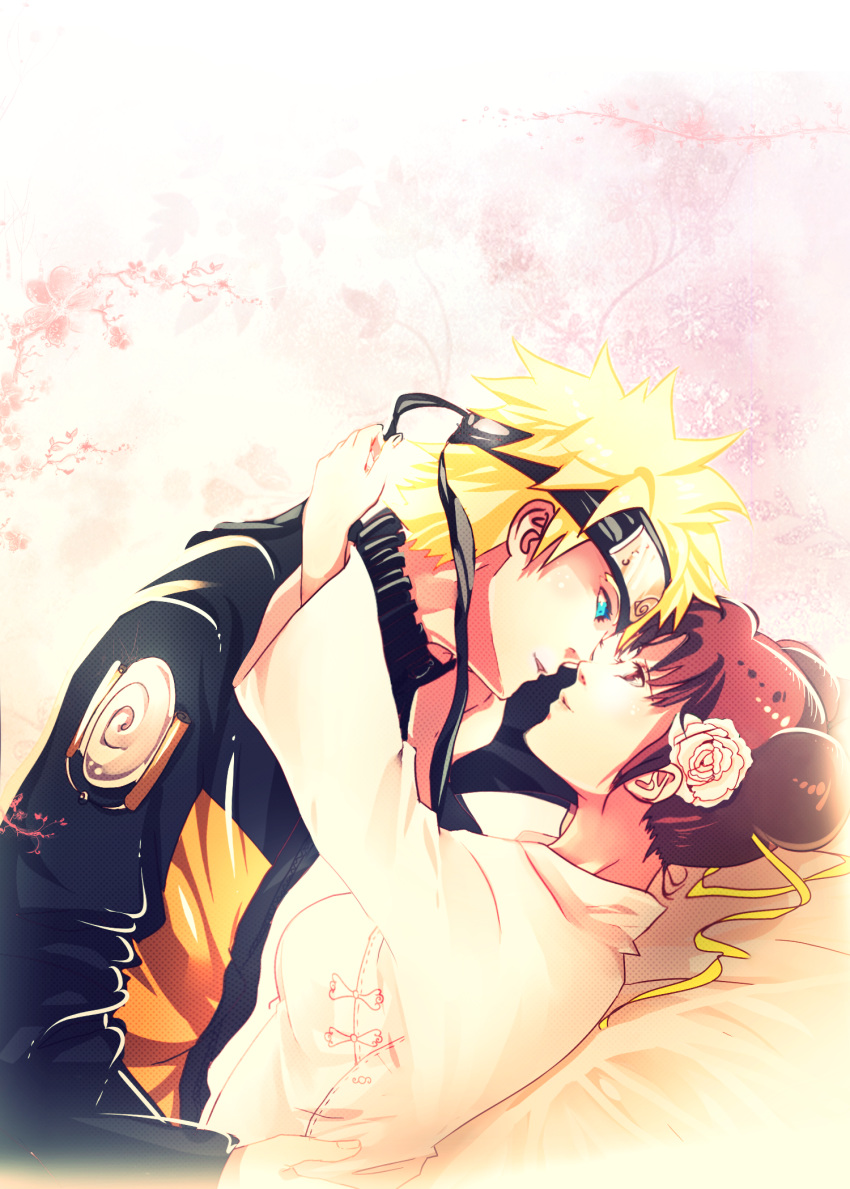 1boy, 1girl, arm_up, arms_around_neck, bangs, black_headband, black_jacket, blonde_hair, blue_eyes, blush, breasts, brown_eyes, brown_hair, cherry_blossoms, china_dress, chinese_clothes, couple, double_bun, dress, eye_contact, flower, forehead_protector, hair_flower, hair_ornament, hair_ribbon, hair_tie, happy, headband, hetero, highres, hug, imminent_kiss, iviscond, jacket, konohagakure_symbol, long_sleeves, looking_at_another, lying, multicolored_clothes, multicolored_jacket, naruto_(series), naruto_shippuuden, on_back, orange_jacket, parted_lips, pink_background, ribbon, smile, spiky_hair, tenten_(naruto), tree, uzumaki_naruto, zipper
