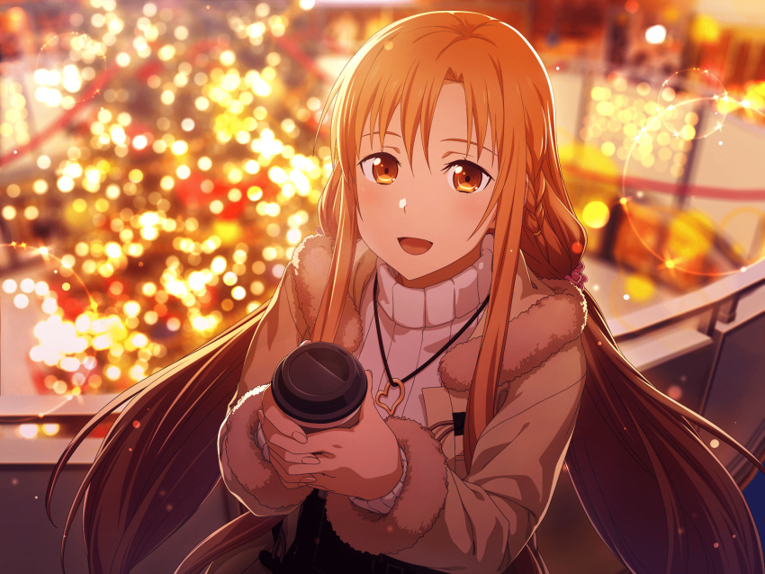 1girl, artist_request, asuna_(sao), brown_eyes, brown_hair, coat, coffee_cup, cup, disposable_cup, fur_collar, fur_trim, hair_ornament, hair_ribbon, highres, holding, holding_cup, jewelry, long_hair, looking_at_viewer, low_twintails, necklace, open_mouth, ribbon, smile, sweat, sword_art_online, sword_art_online:_memory_defrag, twintails