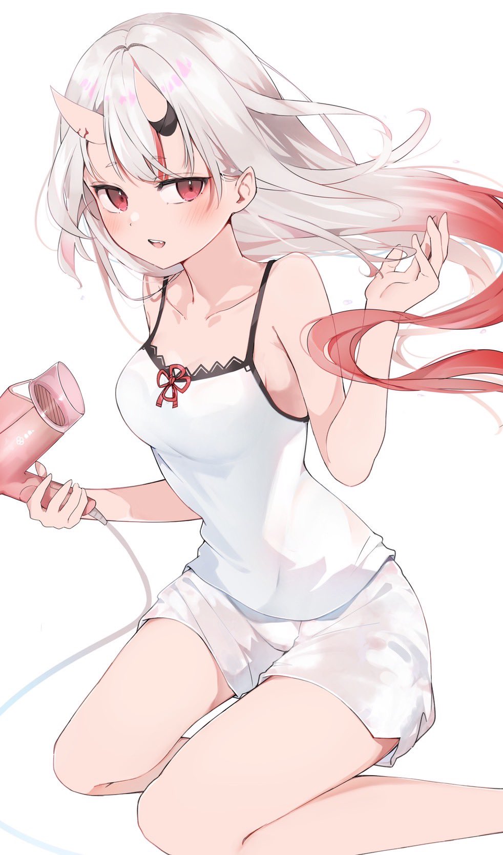 1girl, auui, bangs, bare_arms, bare_shoulders, blush, breasts, camisole, commentary_request, eyebrows_visible_through_hair, floating_hair, gradient_hair, highres, holding_hair_dryer, hololive, horns, kneeling, long_hair, medium_breasts, multicolored_hair, nakiri_ayame, oni_horns, open_mouth, red_eyes, redhead, shirt, short_shorts, shorts, sideways_glance, silver_hair, simple_background, solo, teeth, upper_teeth, virtual_youtuber, white_background, white_shirt, white_shorts