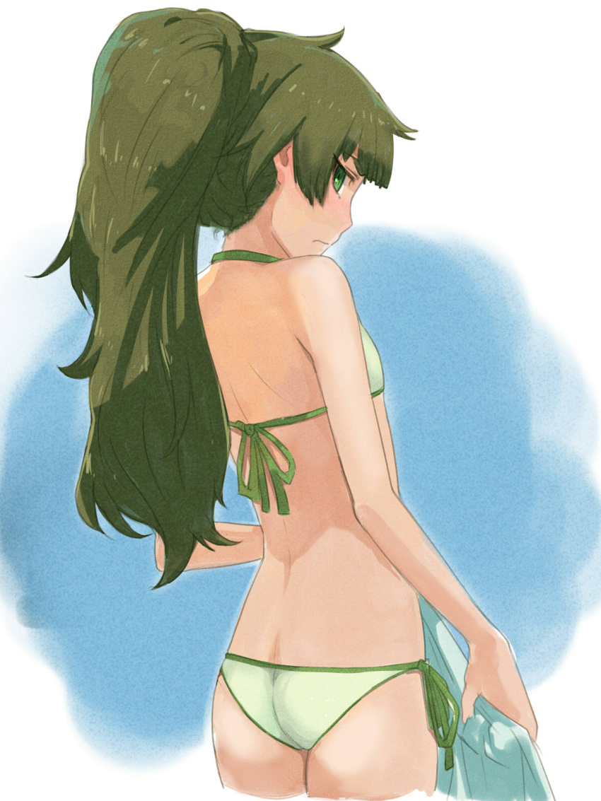 ass, back, bangs, bikini, blunt_bangs, closed_mouth, cropped_legs, faux_traditional_media