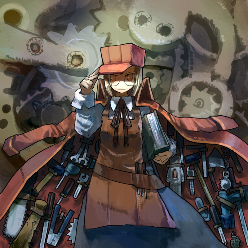 apron, axe, baseball_bat, belt, blonde_hair, book, club, coat, drill, explosive, flail, gears, glasses, grenade, hammer, knife, nail_bat, pixiv, pixiv_fantasia, pixiv_fantasia_4, saw, screwdriver, short_hair, sword, tools, trench_coat, watanabe_(pixiv_fantasia), weapon, wrench, yamaada, yellow_eyes
