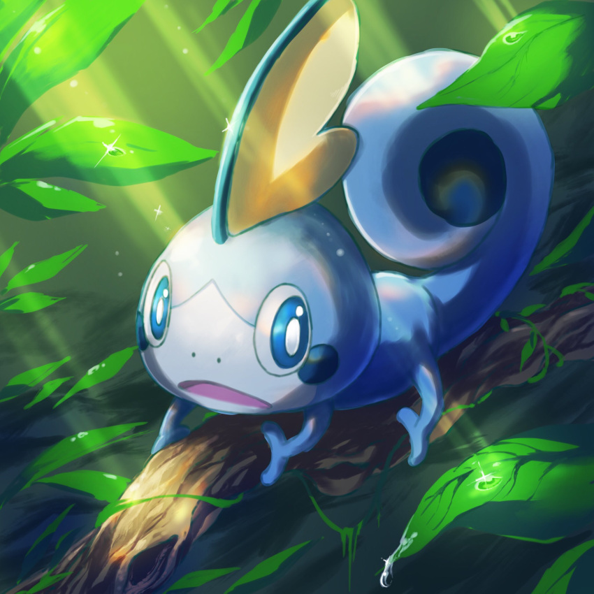 blue_eyes, branch, foliage, full_body, highres, leaf, looking_at_viewer, no_humans