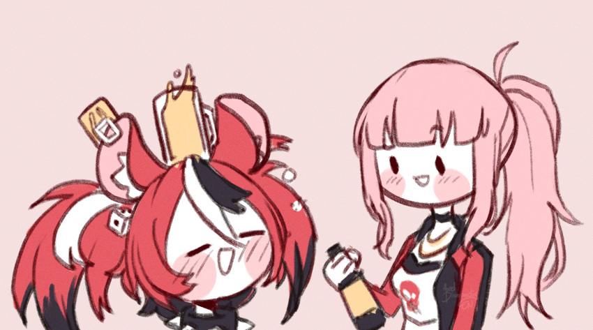 2girls, =_=, animal_ear_fluff, animal_ears, axel_diamondis, beige_background, black_hair, blush