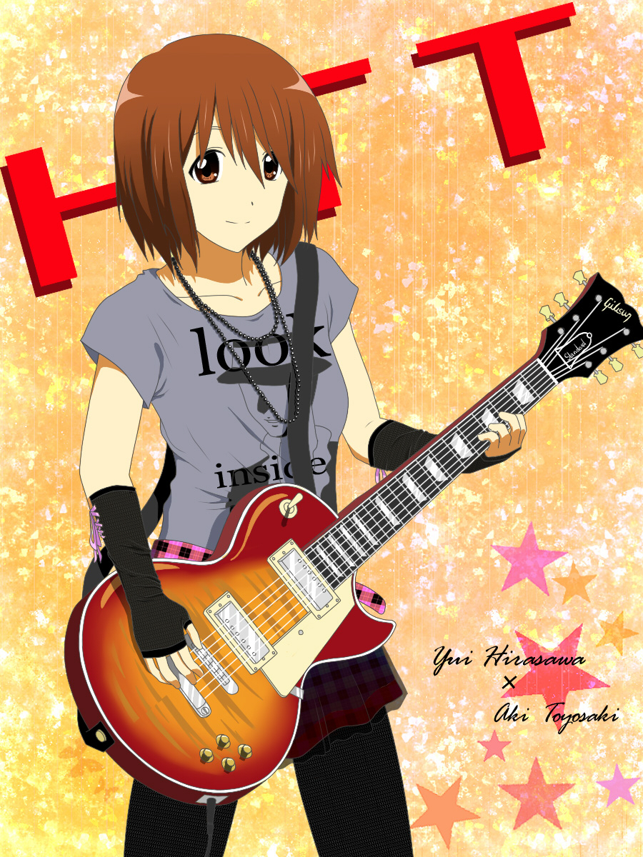 brown_eyes, brown_hair, casual, fingerless_gloves, gloves, guitar, highres, hirasawa_yui