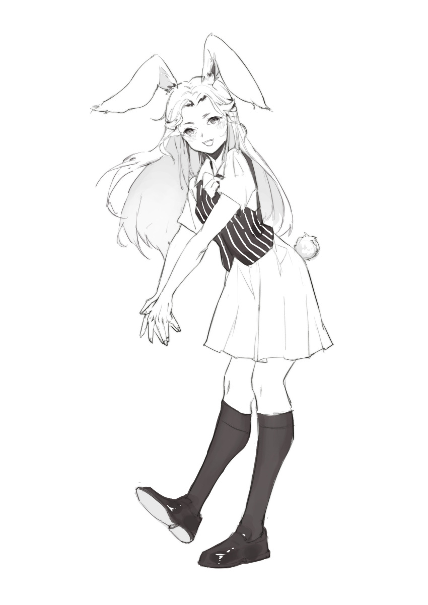 1girl, absurdres, animal_ears, avatar_(ffxiv), chinese_commentary, commentary_request, final_fantasy, final_fantasy_xiv, full_body, greyscale, highres, kneehighs, long_hair, looking_at_viewer, moksha_(nonreal), monochrome, open_mouth, own_hands_together, rabbit_ears, rabbit_tail, shirt, shoes, short_sleeves, simple_background, skirt, smile, solo, standing, standing_on_one_leg, tail, vest, viera, white_background