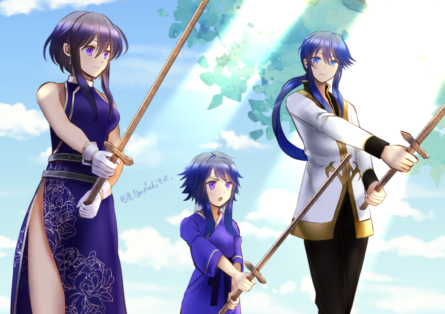 1boy, 2girls, :o, bare_shoulders, black_hair, black_pants, blue_eyes, blue_hair