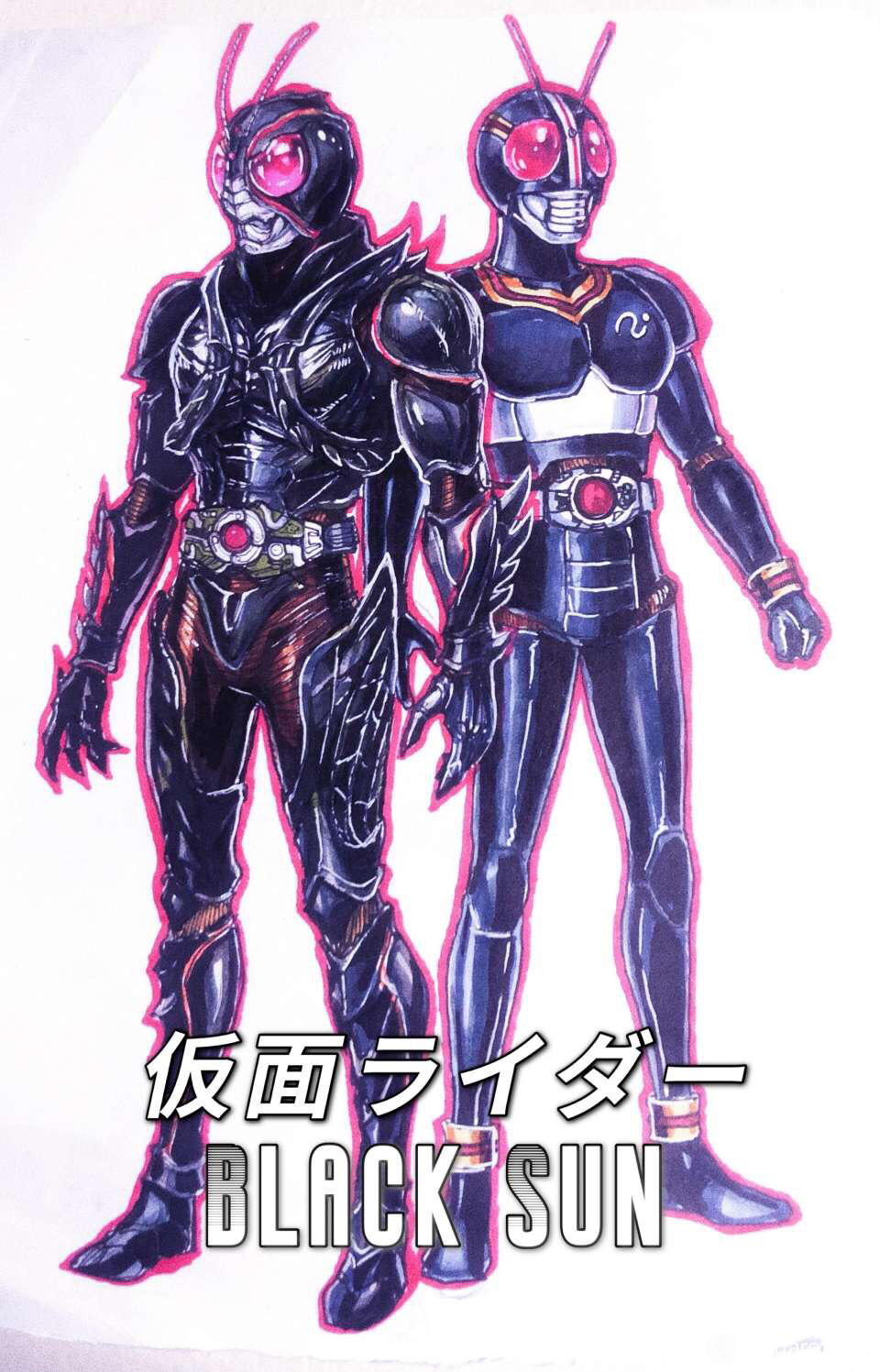 2boys, antennae, arm_blade, armor, belt, black_skin, bug, claws, clenched_hands, colored_skin, dual_persona, fingernails, garoshirou, highres, kamen_rider, kamen_rider_black, kamen_rider_black_(series), kamen_rider_black_sun, kamen_rider_black_sun_(character), kingstone, multiple_boys, open_hands, red_eyes, rider_belt, sharp_fingernails, tokusatsu, trait_connection, weapon
