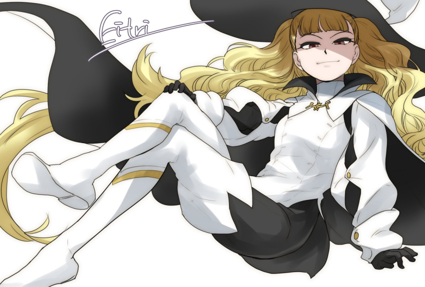 blonde_hair, boots, cape, eitri_(fire_emblem), fire_emblem, fire_emblem_heroes, gloves, hat, highres, looking_at_viewer, smirk, thigh-highs, thigh_boots, wavy_hair, white_background, yuki_cryp_a