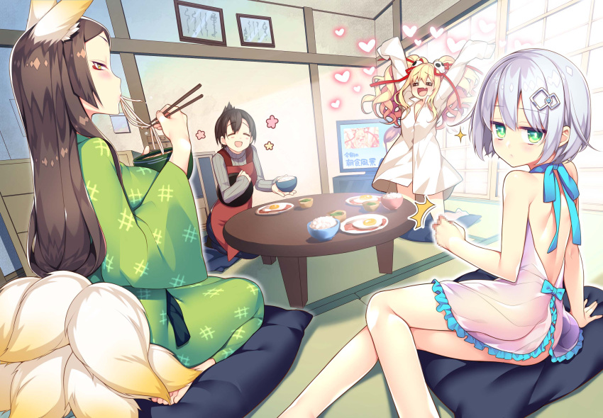 4girls, :d, =_=, ^^^, animal_ears, apron, arm_support, ass