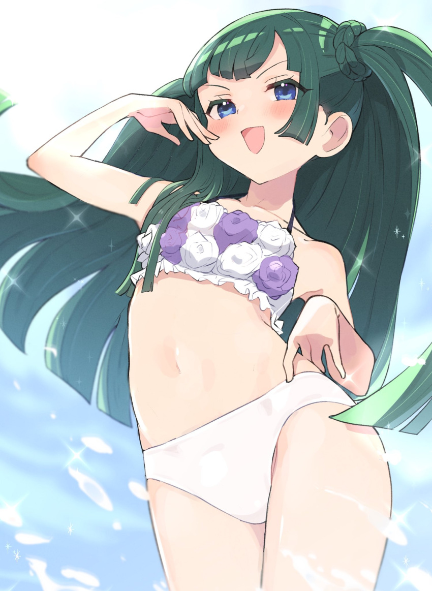 1girl, bangs, bikini, blue_eyes, blush, braid, commentary_request, eyelashes, floral_print, from_below, green_hair, highres, hyakumangoku_masurao, long_hair, one_side_up, open_mouth, pretty_(series), pripara, solo, sparkle, swimsuit, tsukikawa_chiri, very_long_hair, water, water_drop, white_bikini