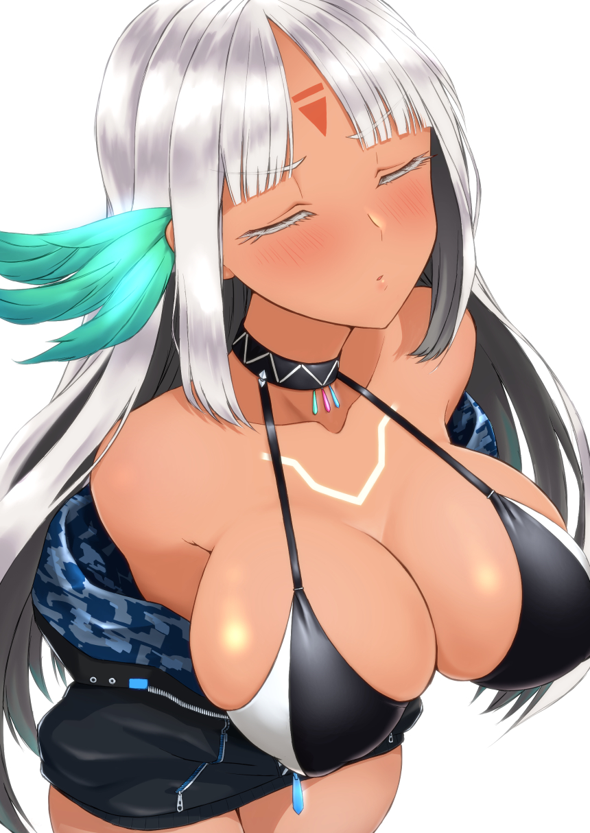 1girl, azur_lane, bikini, bikini_top, black_jacket, body_markings, bodypaint, choker