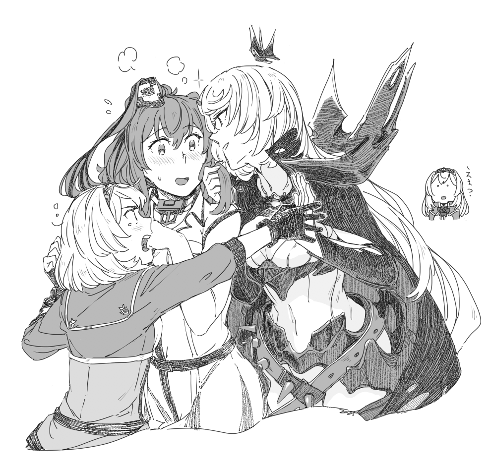 3girls, abyssal_ship, bangs, blush, breasts, cape, commentary_request, dress