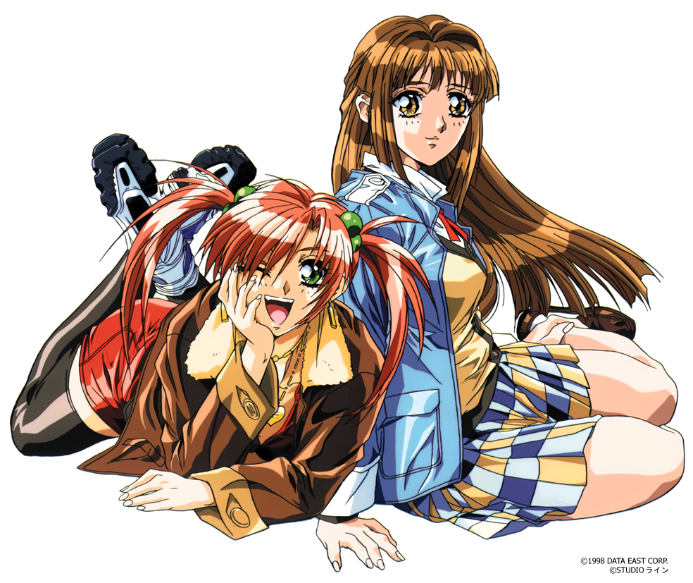 1990s_(style), 2girls, aoki_chisa, bangs, black_legwear, brown_footwear, copyright, doukoku_soshite