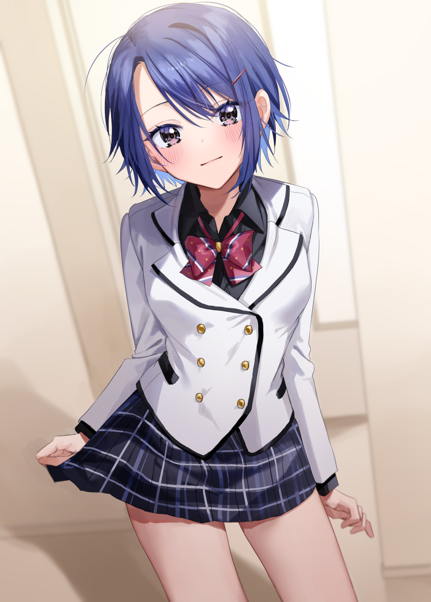 1girl, absurdres, akira_(jitsuimo), arms_at_sides, black_shirt, black_skirt, blazer, blue_hair, blush, bow, bowtie, breasts, buttons, chigusa_minori, closed_mouth, contrapposto, cowboy_shot, double-breasted, eyebrows_visible_through_hair, grey_eyes, hair_ornament, hairclip, head_tilt, highres, indoors, jacket, jitsu_wa_imouto_deshita., light_smile, long_sleeves, looking_at_viewer, medium_breasts, miniskirt, novel_illustration, official_art, plaid, plaid_skirt, pleated_skirt, red_bow, red_bowtie, school_uniform, shadow, shirt, short_hair, sidelocks, skirt, solo, textless, thighs, white_jacket