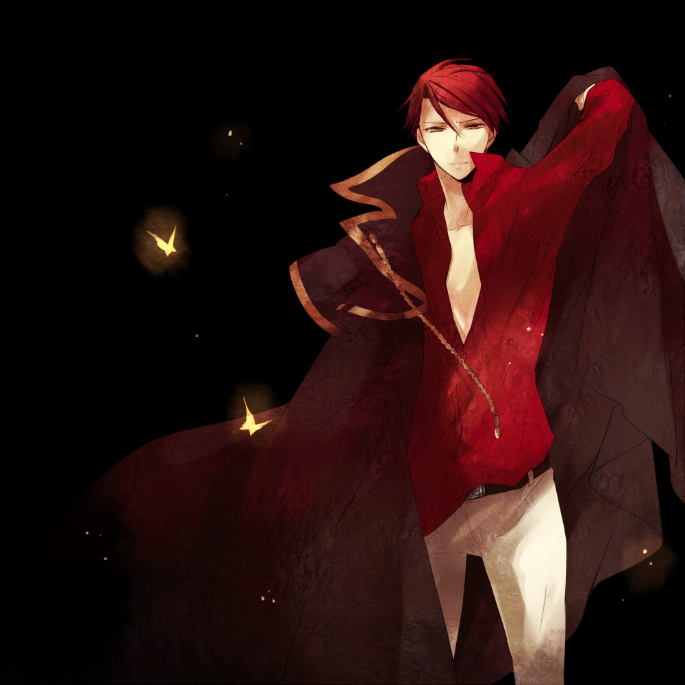 ayko, bad_id, belt, butterfly, cape, male, open_clothes, open_shirt