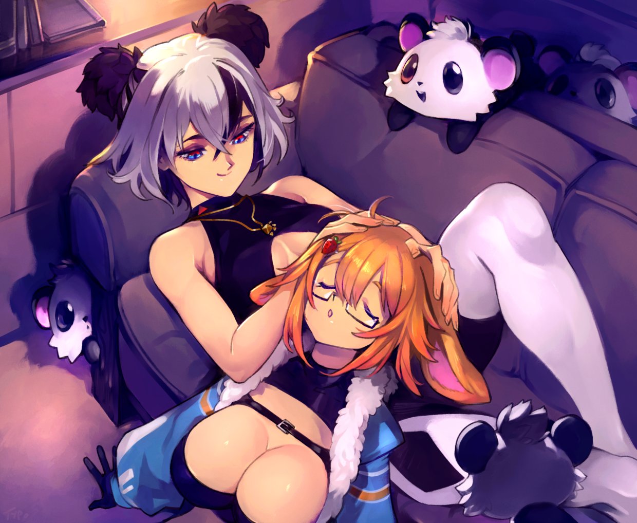 2girls, animal_ears, bonnie_(bunny_gif), breasts, indie_virtual_youtuber, large_breasts, medium_breasts, multicolored_hair, multiple_girls, optionaltypo, orange_hair, short_hair, two-tone_hair, white_hair
