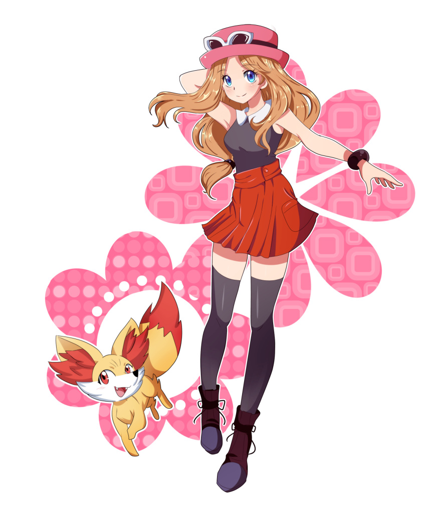 1girl, arm_behind_head, bangs, blue_eyes, blush, boots, bracelet, brown_hair, closed_mouth, collared_shirt, commentary, english_commentary, eyebrows_visible_through_hair, eyelashes, eyewear_on_headwear, fennekin, full_body, hat, highres, jewelry, long_hair, looking_at_viewer, miyuki_tsukiyono, outline, parted_bangs, pink_headwear, pokemon, pokemon_(creature), pokemon_(game), pokemon_xy, red_skirt, serena_(pokemon), shiny, shiny_hair, shirt, skirt, sleeveless, sleeveless_shirt, smile, split_mouth, sunglasses, thigh-highs