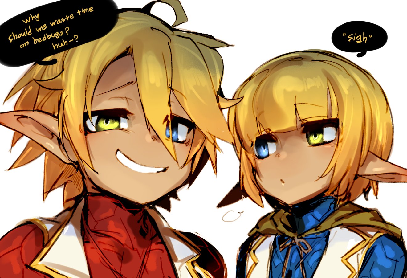 1boy, 1girl, ahoge, androgynous, aura_bella_fiora, bangs, blonde_hair, blue_eyes