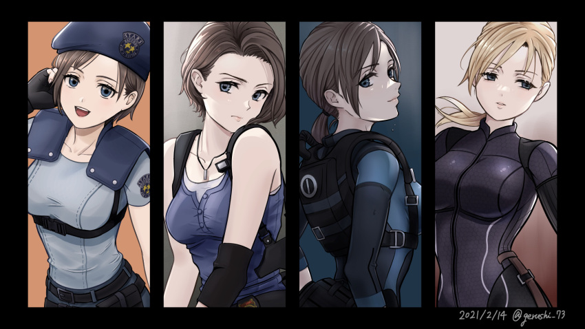 beret, blonde_hair, bodysuit, brown_hair, daisy_mk_589, fingerless_gloves, frown, gloves