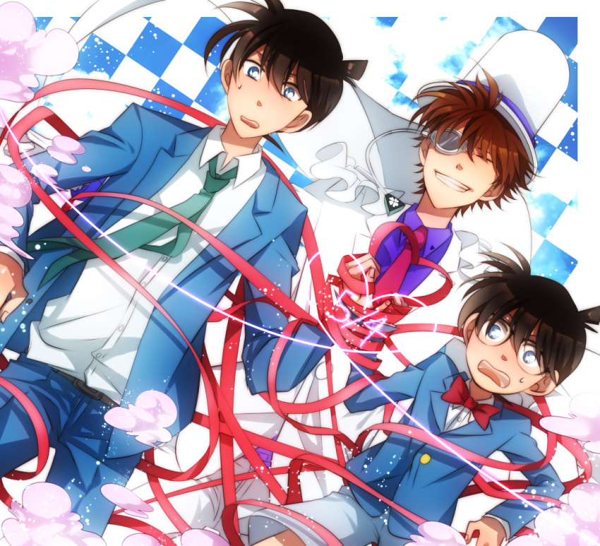 blue_eyes, bowtie, brown_hair, cape, detective_conan, dual_persona, dutch_angle, edogawa_conan, formal, hat, kaito_kid, kamu, kamu_(camui), kudou_shin'ichi, male, meitantei_conan, monocle, necktie, red_ribbon, ribbon, school_uniform, short_hair, suit, teenage, top_hat, young
