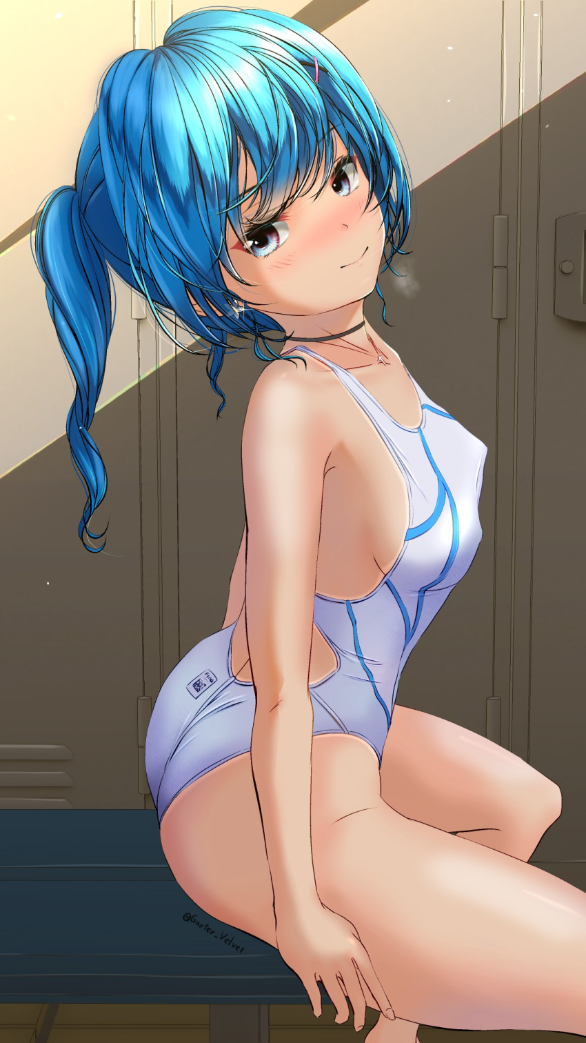 1girl, aigami_kaon, arched_back, blue_hair, breasts, commentary_request, competition_swimsuit, cowboy_shot