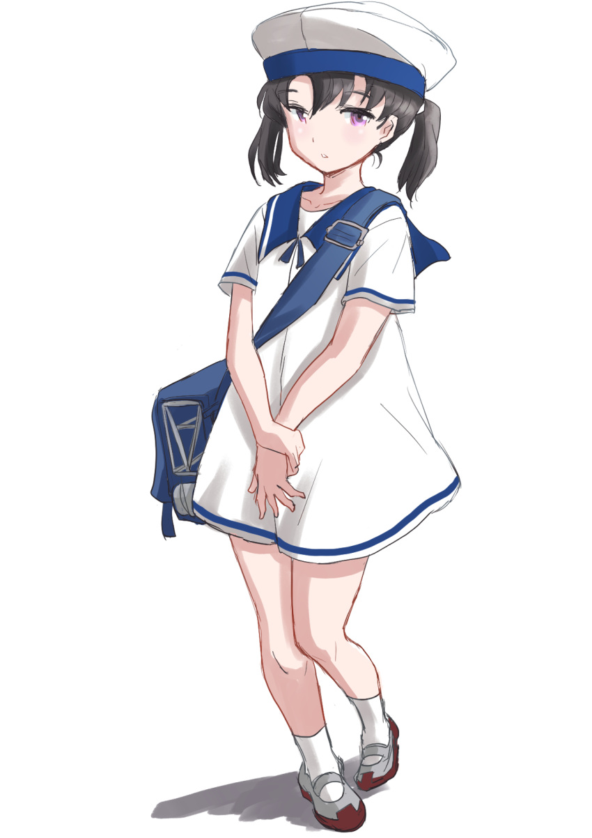 1girl, bag, black_hair, blue_collar, collar, commentary_request, dress, fuji_(pixiv24804665), full_body, hat, highres, kantai_collection, sailor_dress, sailor_hat, shoes, short_hair, short_sleeves, shounan_(kancolle), socks, solo, standing, twintails, uwabaki, violet_eyes, white_background, white_dress, white_headwear, white_legwear