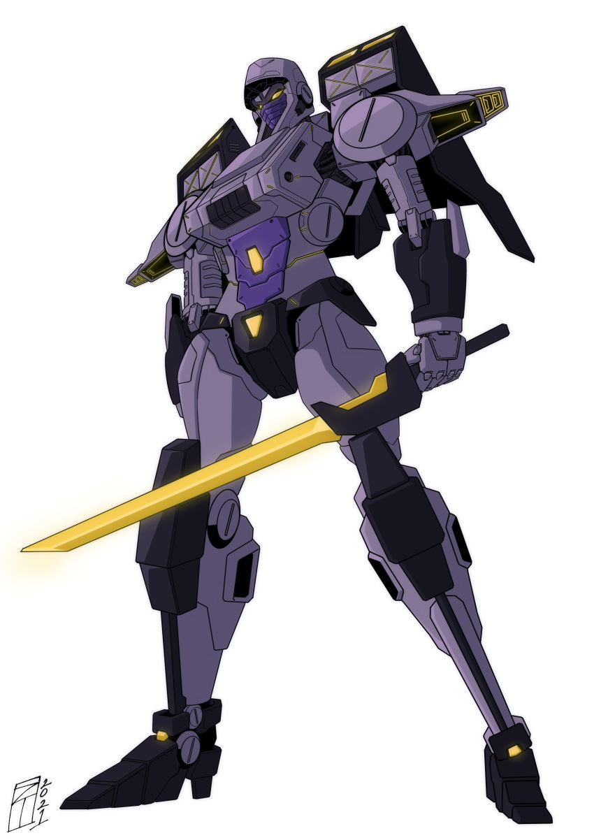1girl, absurdres, commission, decepticon, english_commentary, highres, holding, holding_sword, holding_weapon, lextodrawstuff, looking_down, mecha, nightbird_(transformers), no_humans, redesign, science_fiction, solo, sword, transformers, weapon, white_background, yellow_eyes