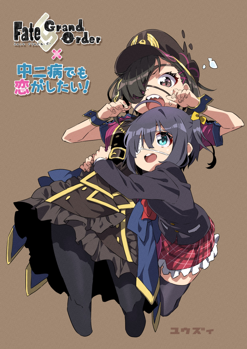 2girls, absurdres, bangs, black_dress, black_hair, black_headwear, black_jacket, black_legwear