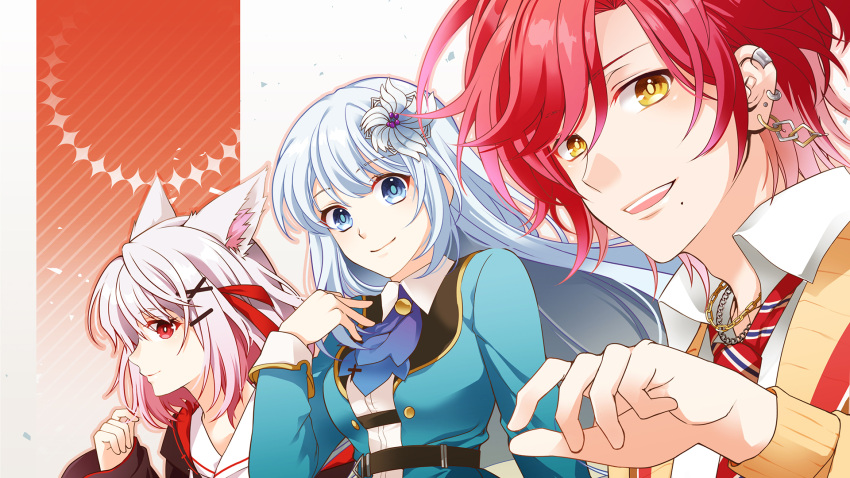 1boy, 2girls, animal_ears, ascot, ban_hada, beige_sweater, black_jacket, blue_ascot